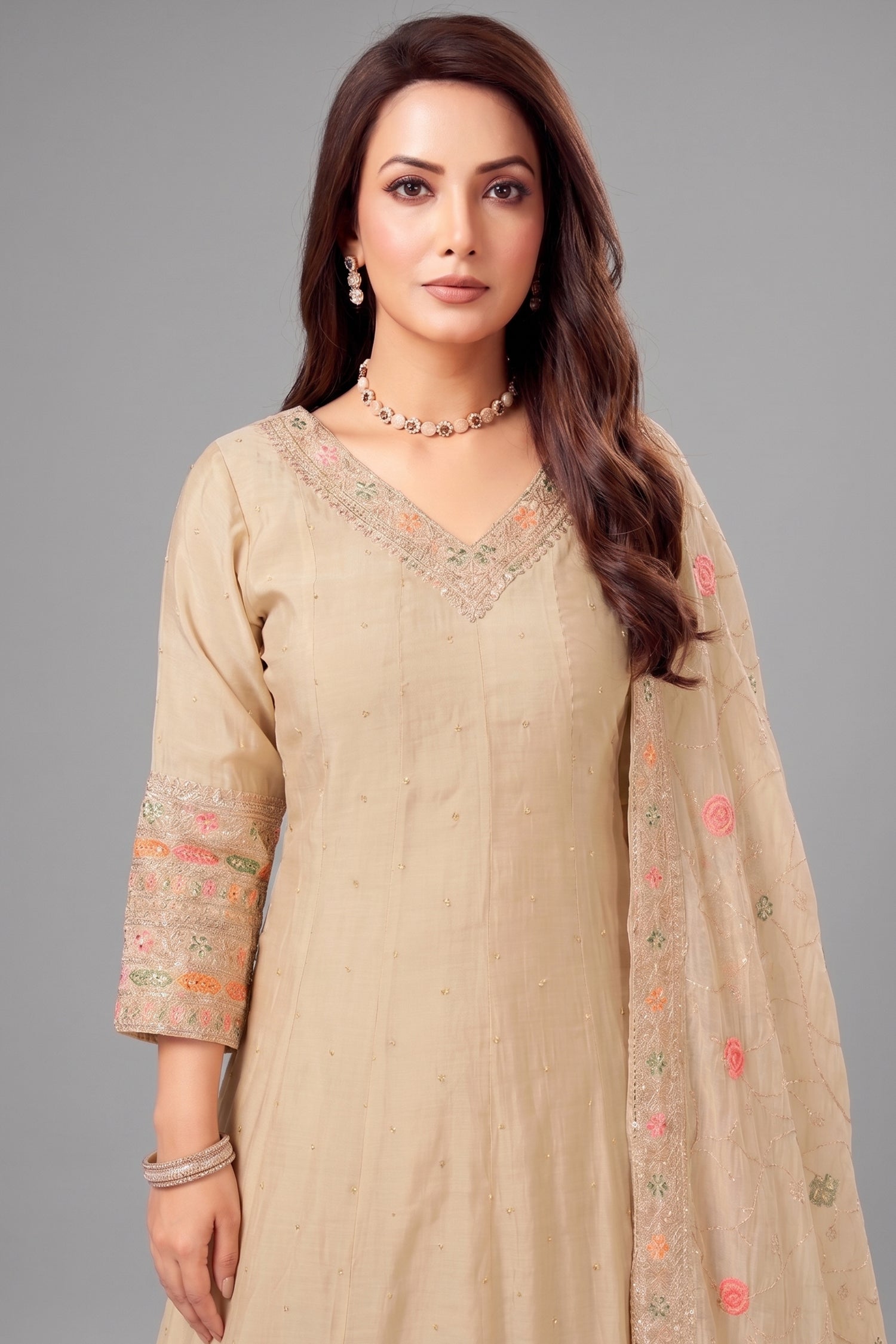 Cream Art Silk Anarkali Suit with Sequin and Embroidery Work Secondary image
