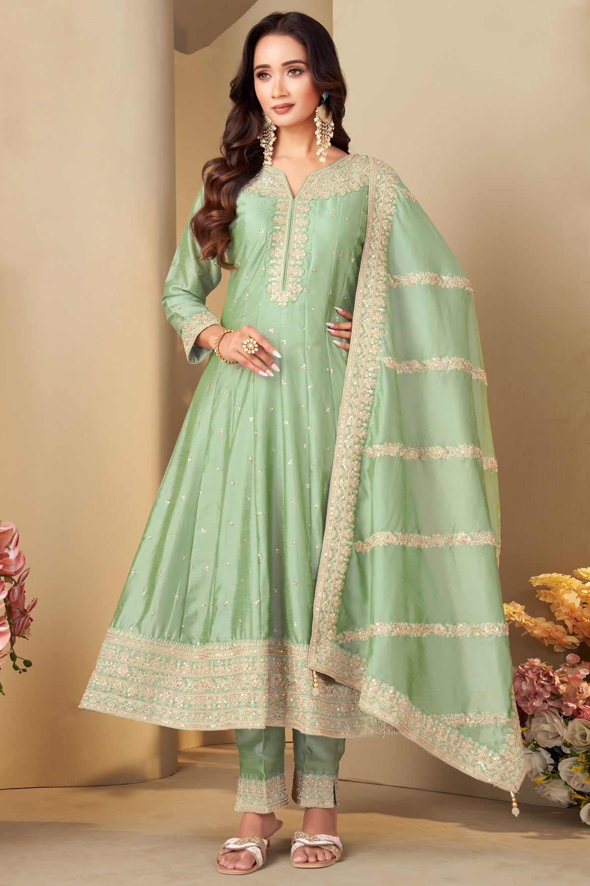 Pista Green Art Silk Sequin Worked Anarkali Suit