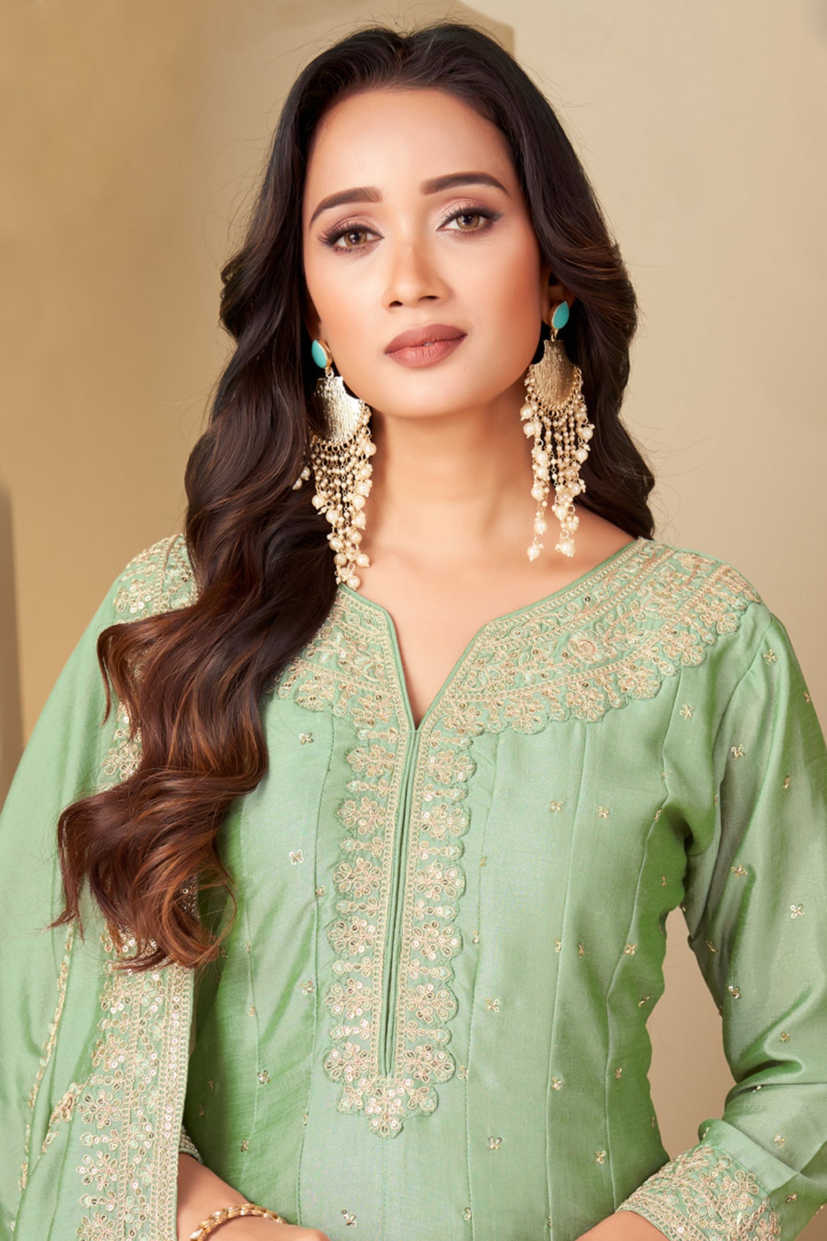 Pista Green Art Silk Sequin Worked Anarkali Suit