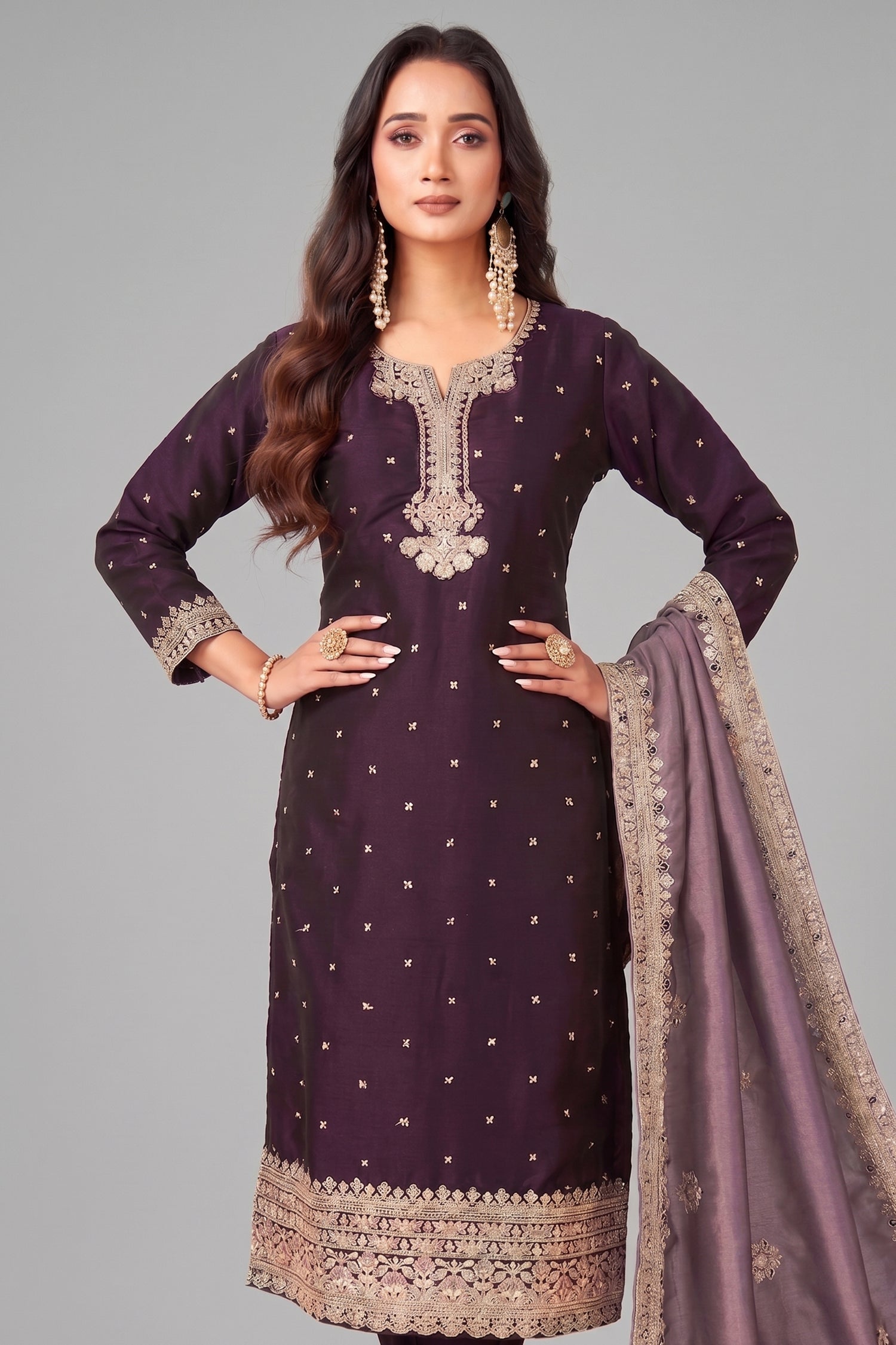Dark Purple Art Silk Sequin Worked Straight Cut Suit Secondary image