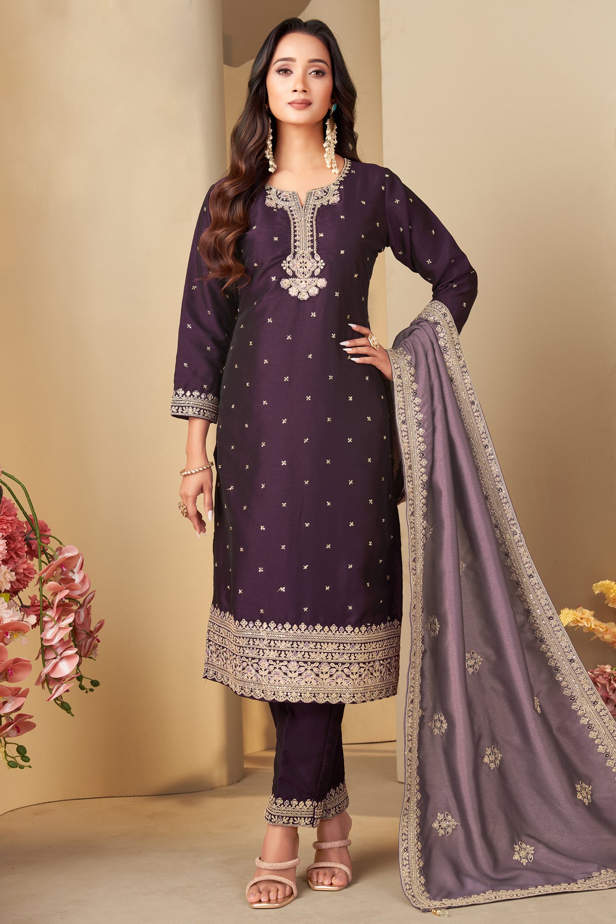 Dark Purple Art Silk Sequin Worked Straight Cut Suit