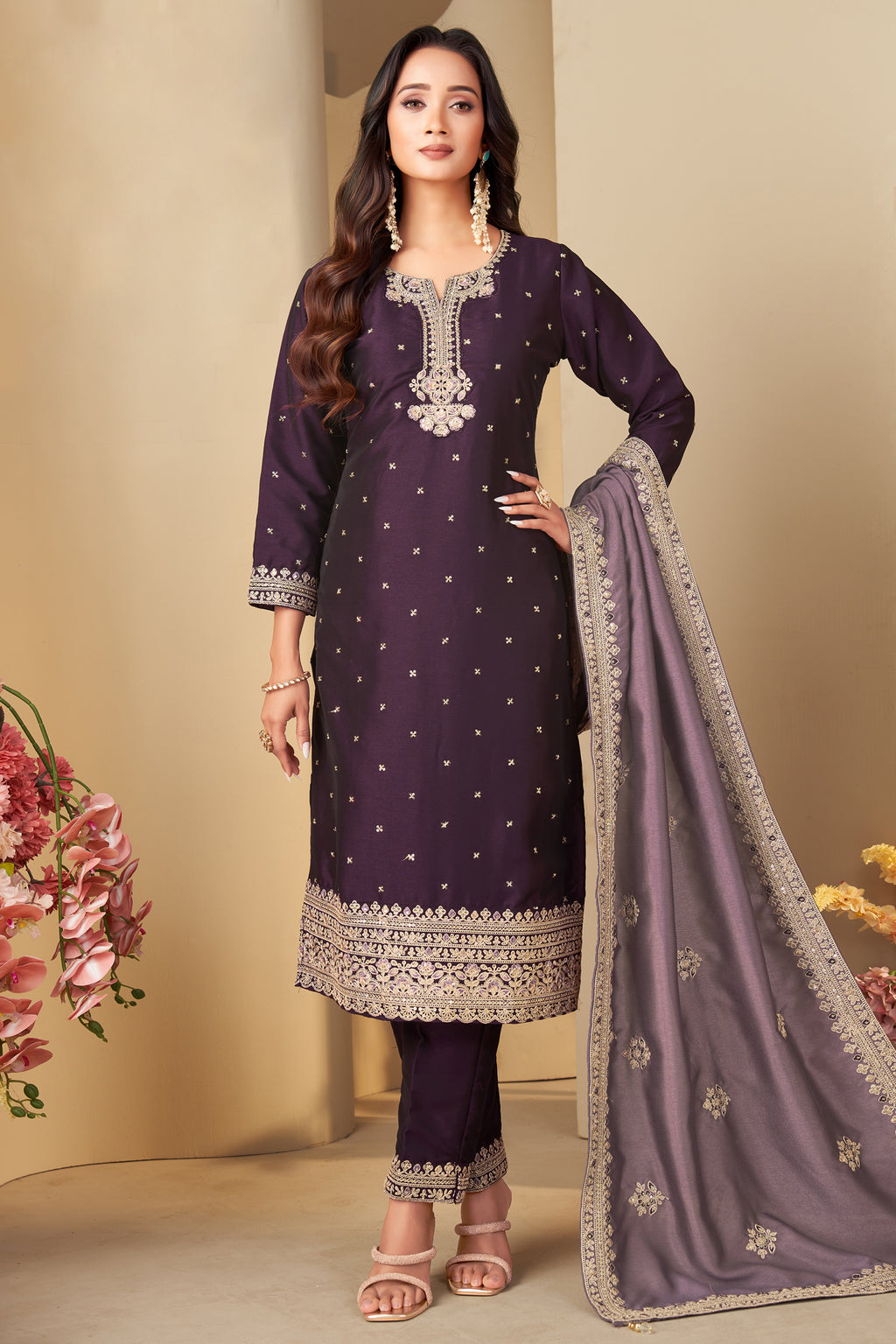 Dark Purple Art Silk Sequin Worked Straight Cut Suit
