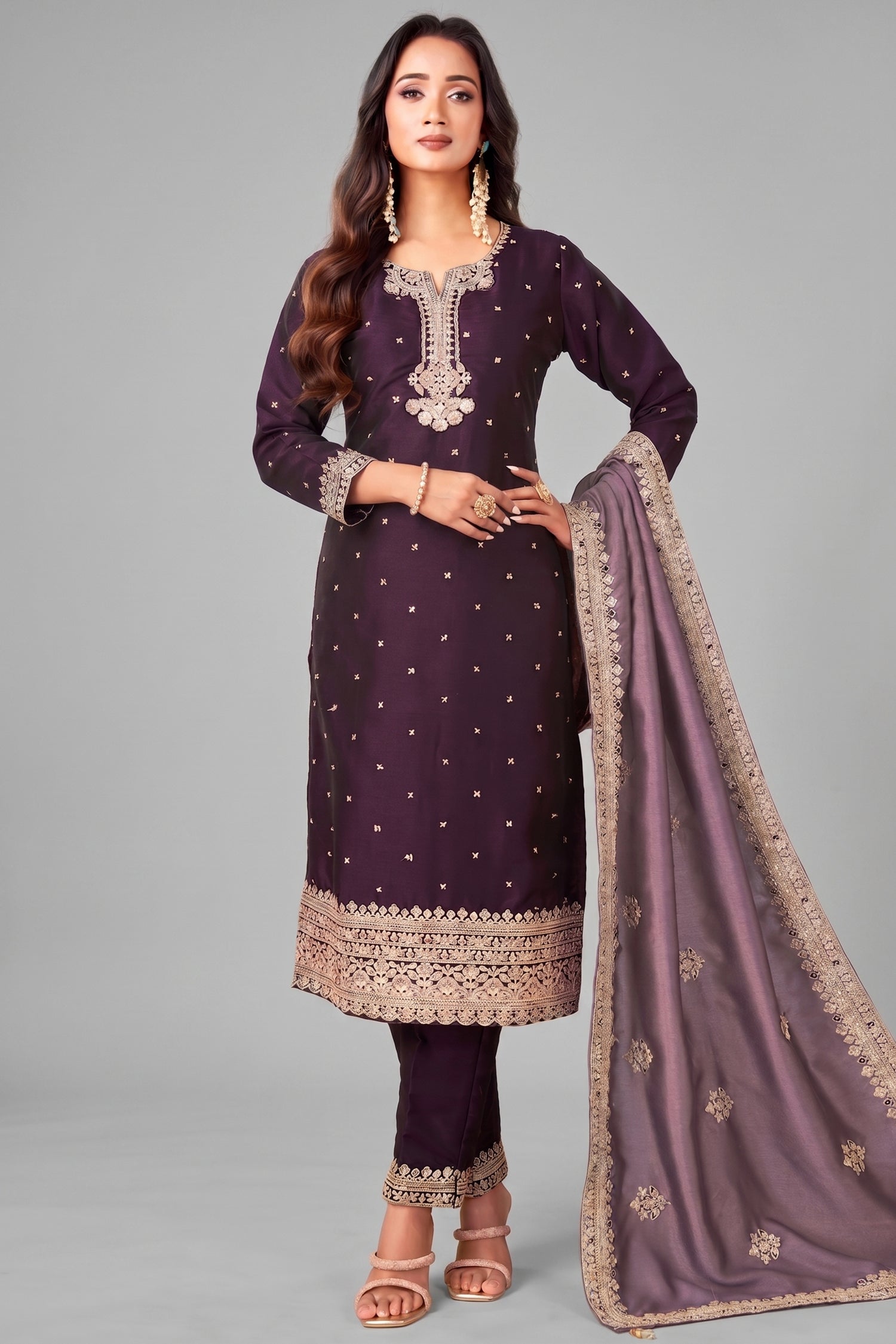 Dark Purple Art Silk Sequin Worked Straight Cut Suit Main image