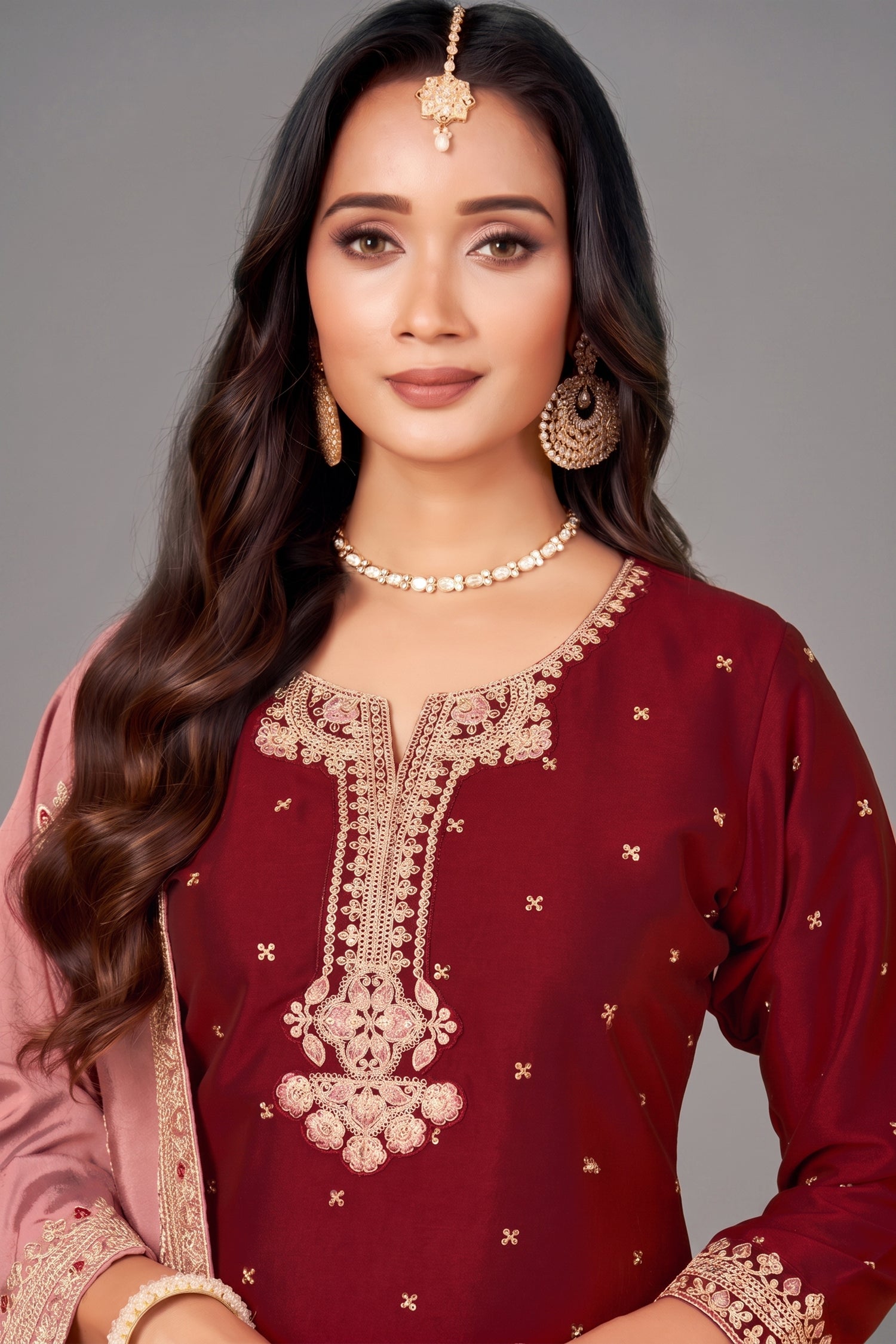 Dark Maroon Art Silk Sequin Worked Straight Cut Suit Secondary image