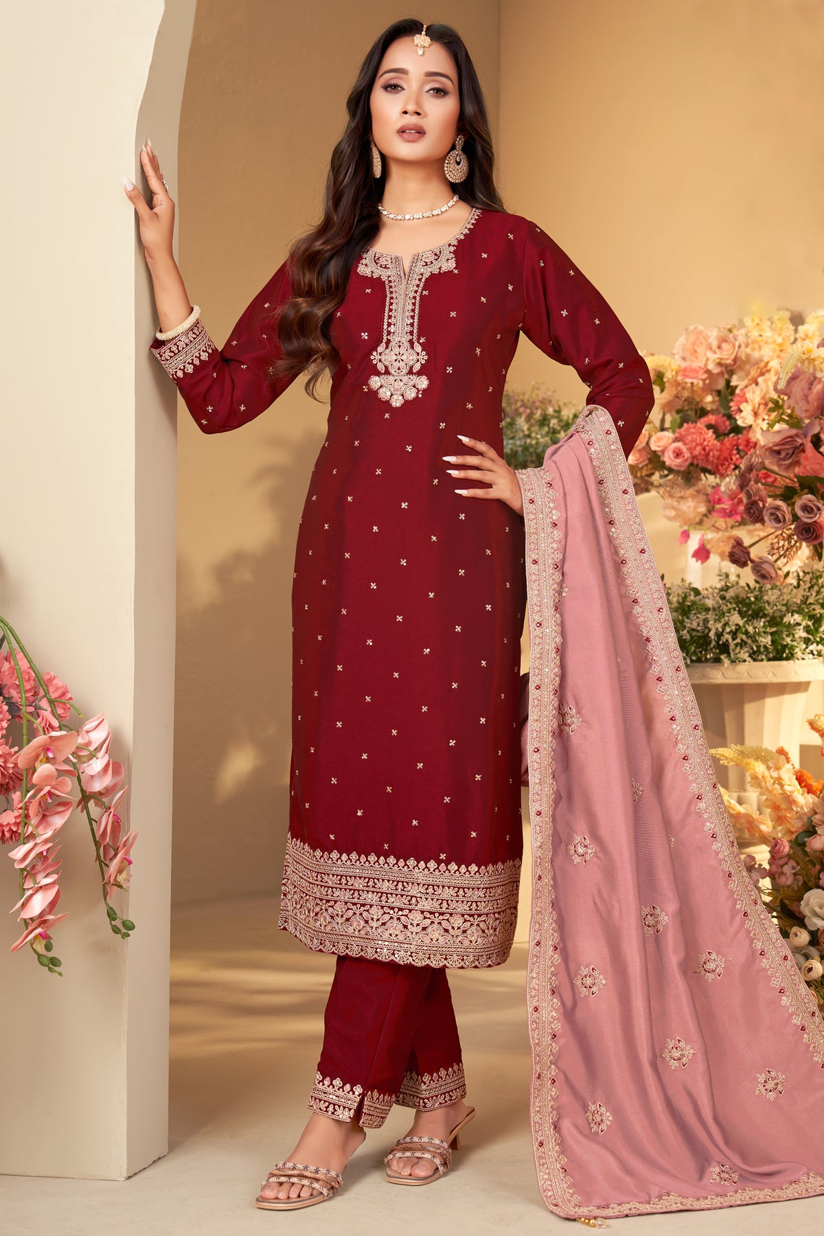 Dark Maroon Art Silk Sequin Worked Straight Cut Suit