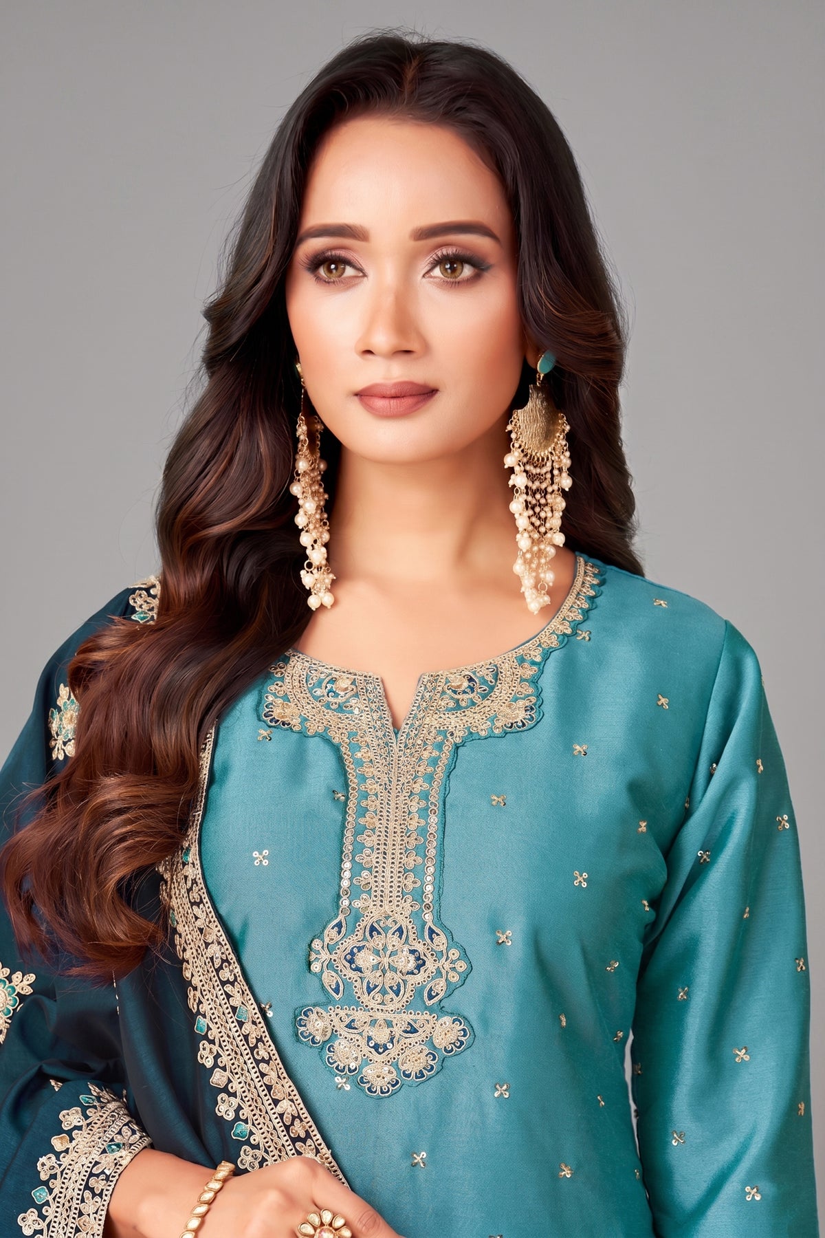 Sky Blue Art Silk Straight Cut Sequin Work Suit