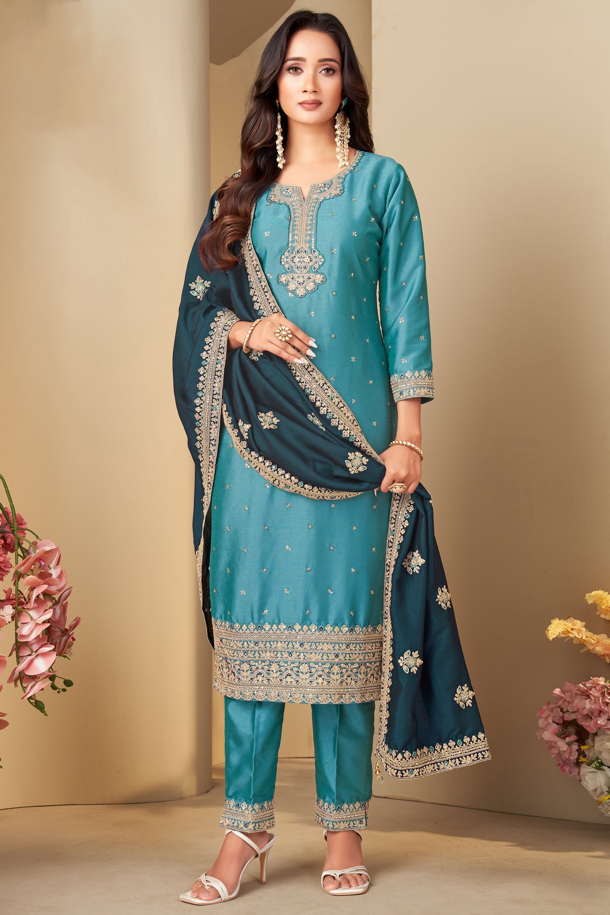 Sky Blue Art Silk Straight Cut Sequin Work Suit