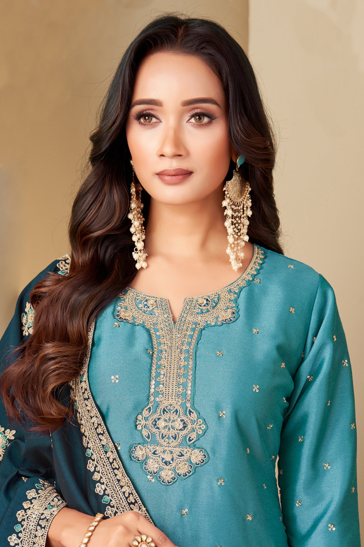 Sky Blue Art Silk Straight Cut Sequin Work Suit