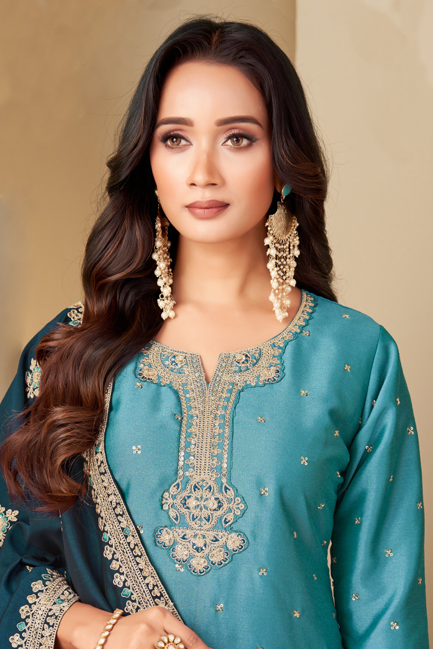 Sky Blue Art Silk Straight Cut Sequin Work Suit