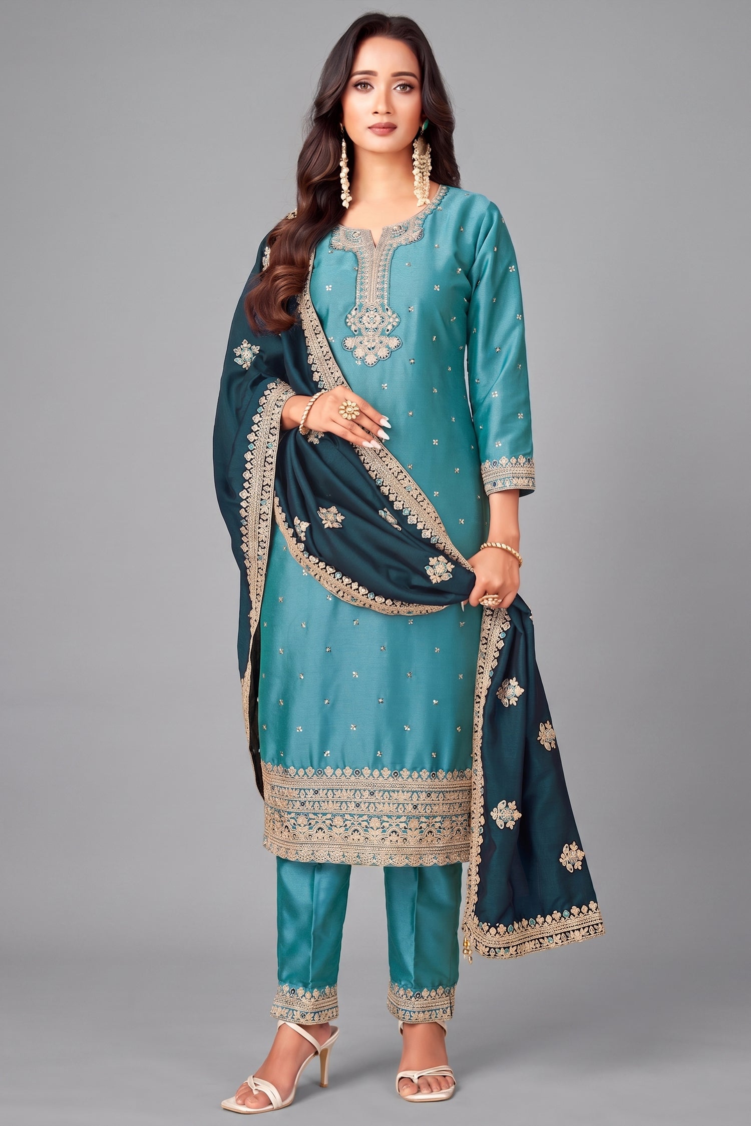 Sky Blue Art Silk Straight Cut Sequin Work Suit Main image