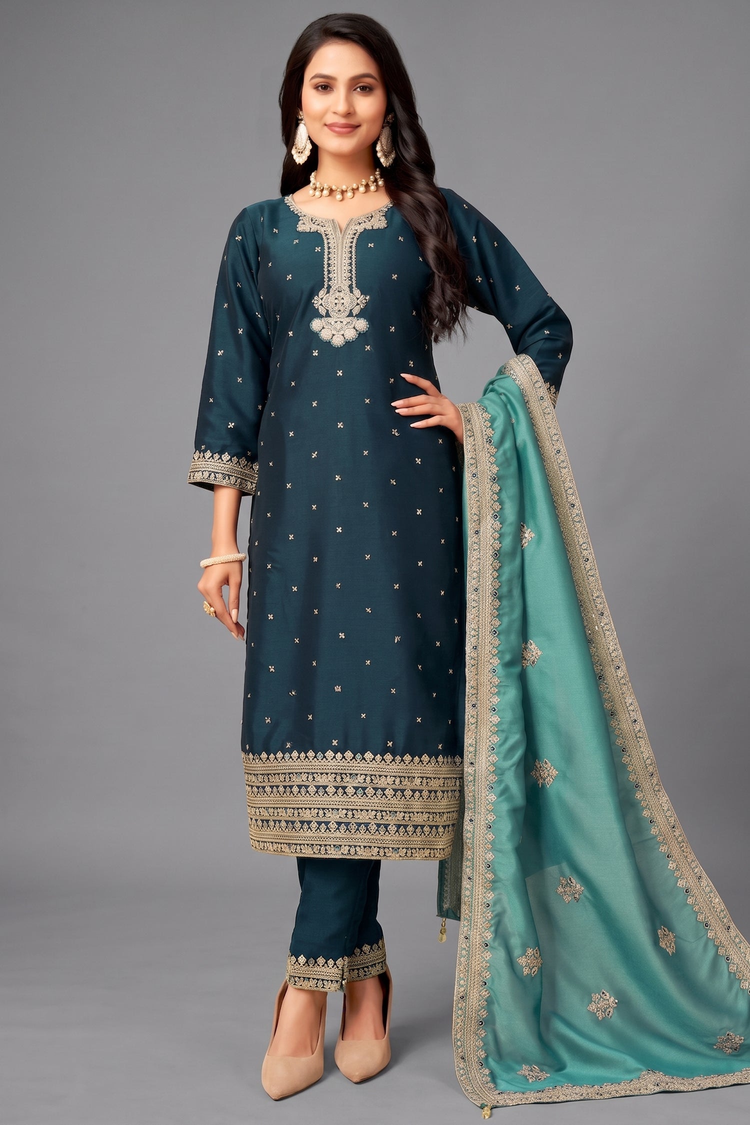 Prussian Blue Art Silk Sequin Embroidered Straight Cut Suit Main image