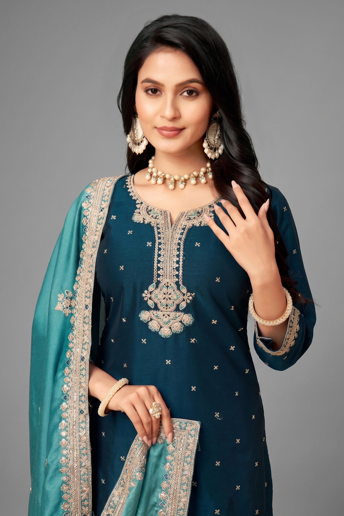 Prussian Blue Art Silk Sequin Embroidered Straight Cut Suit