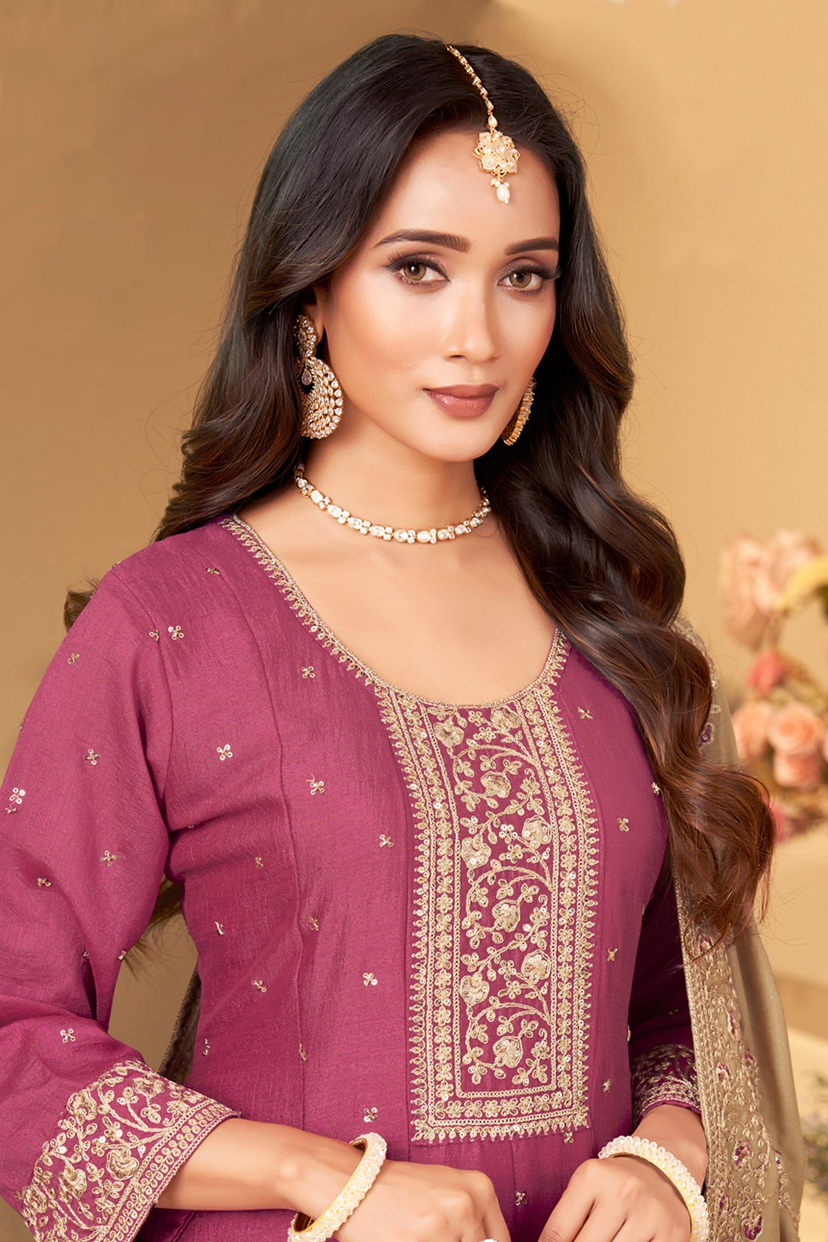 Rouge Pink Art Silk Sequin Worked Anarkali Suit