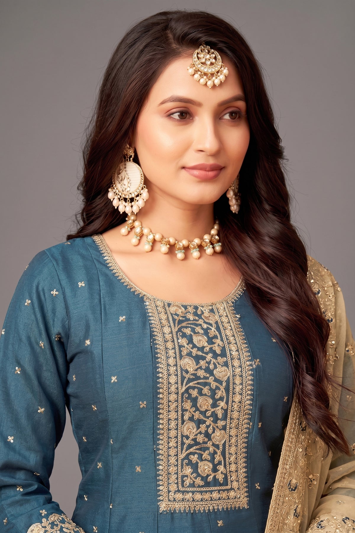 Teal Blue Art Silk Sequin Worked Anarkali Suit