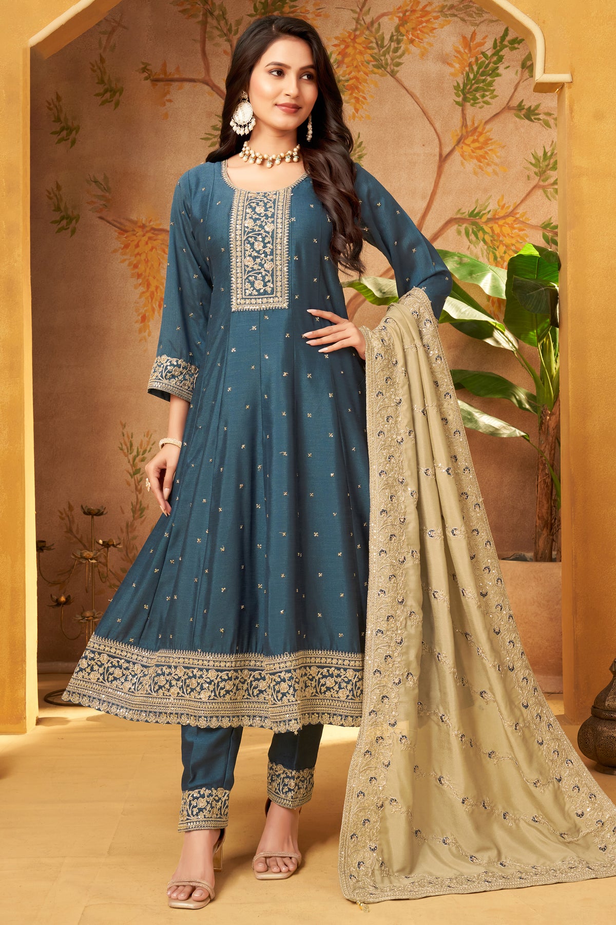 Teal Blue Art Silk Sequin Worked Anarkali Suit