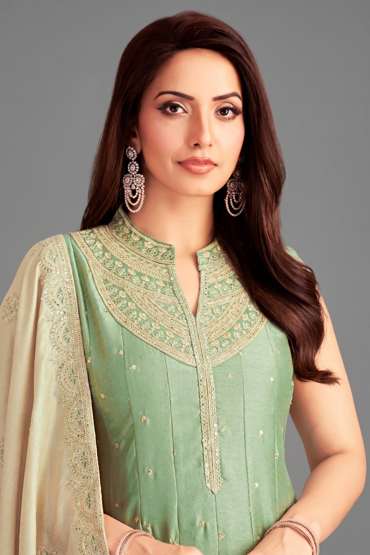 Pista Green Art Silk Sequin Worked Anarkali Suit