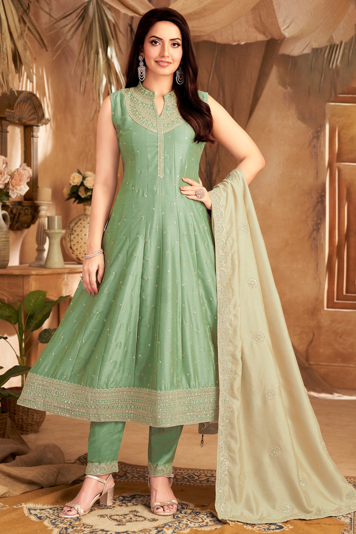Pista Green Art Silk Sequin Worked Anarkali Suit