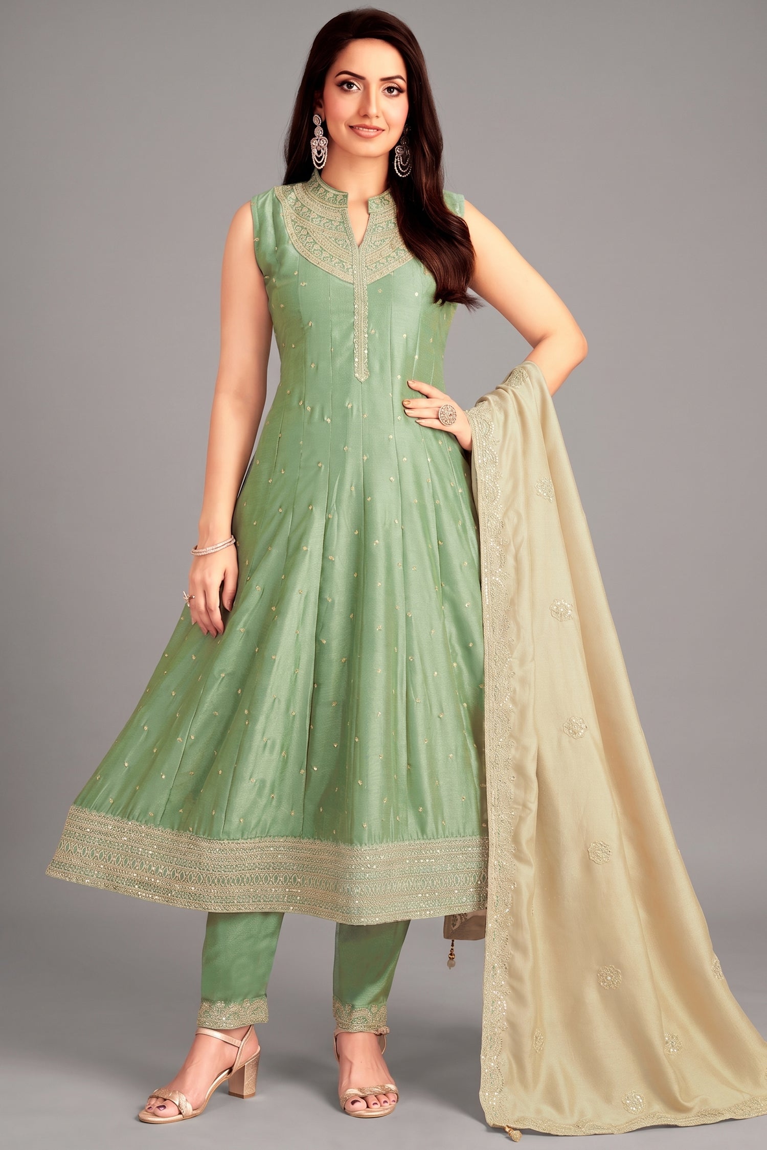 Pista Green Art Silk Sequin Worked Anarkali Suit Main image