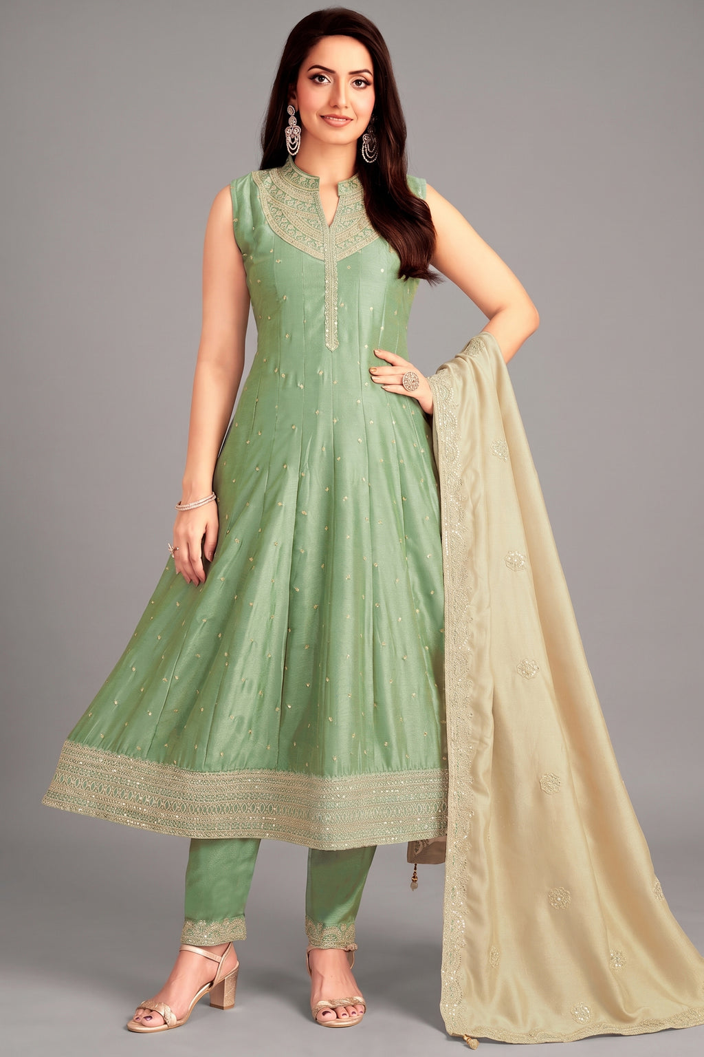 Pista Green Art Silk Sequin Worked Anarkali Suit