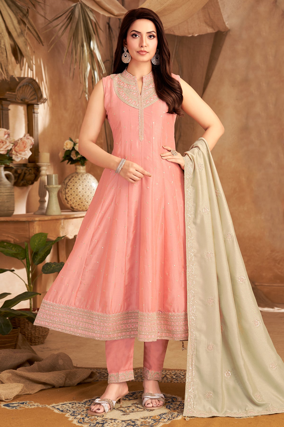 Light Pink Art Silk Sequin Embroidered Anarkali Suit