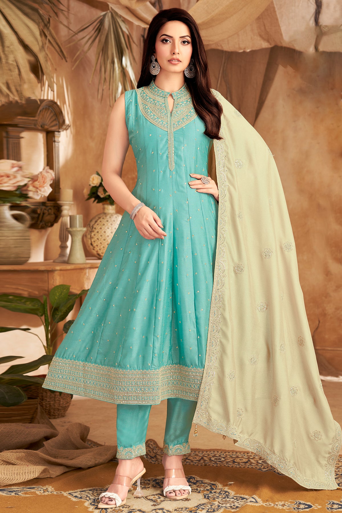 Aqua Blue Art Silk Sequin Embroidered Anarkali Suit