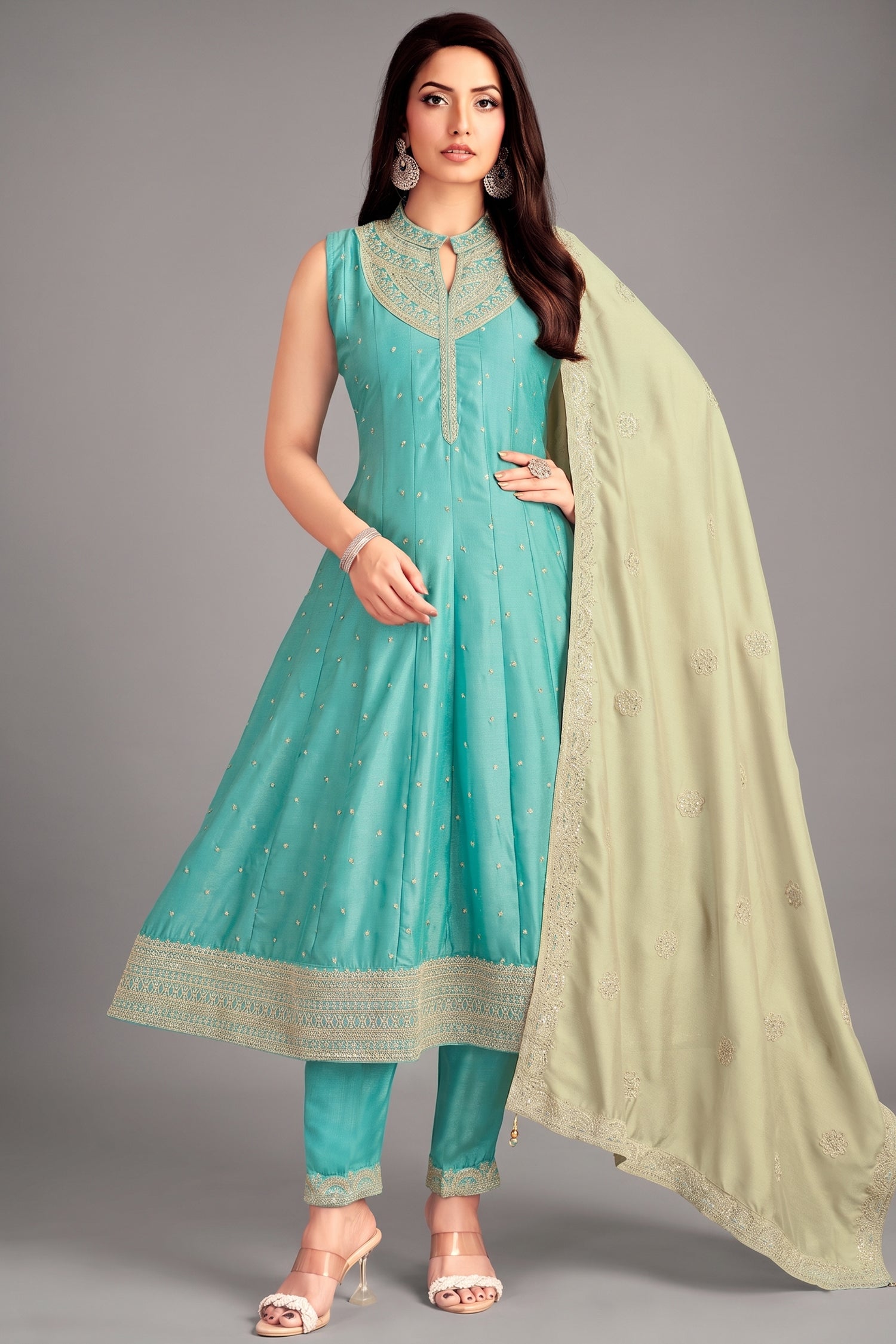 Aqua Blue Art Silk Sequin Embroidered Anarkali Suit Main image