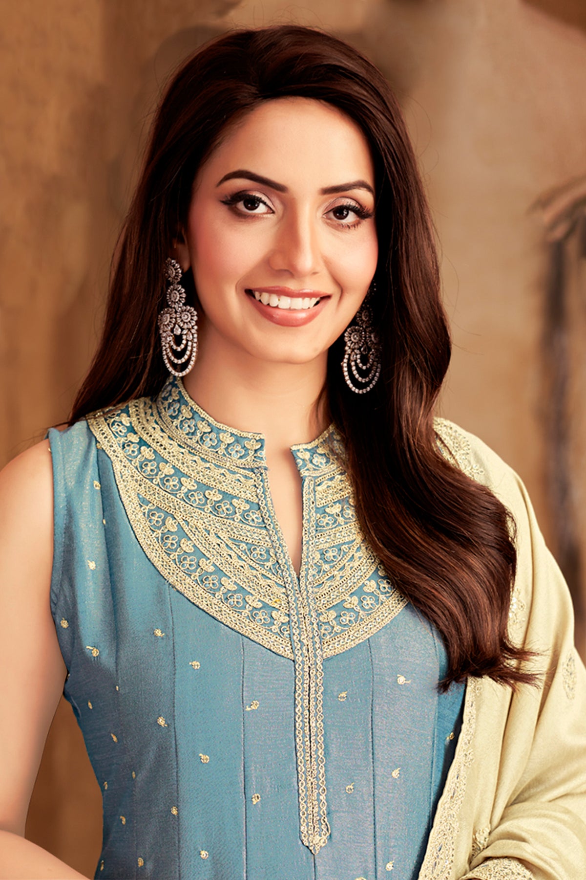 Light Blue Art Silk Sequin Worked Anakrali Suit