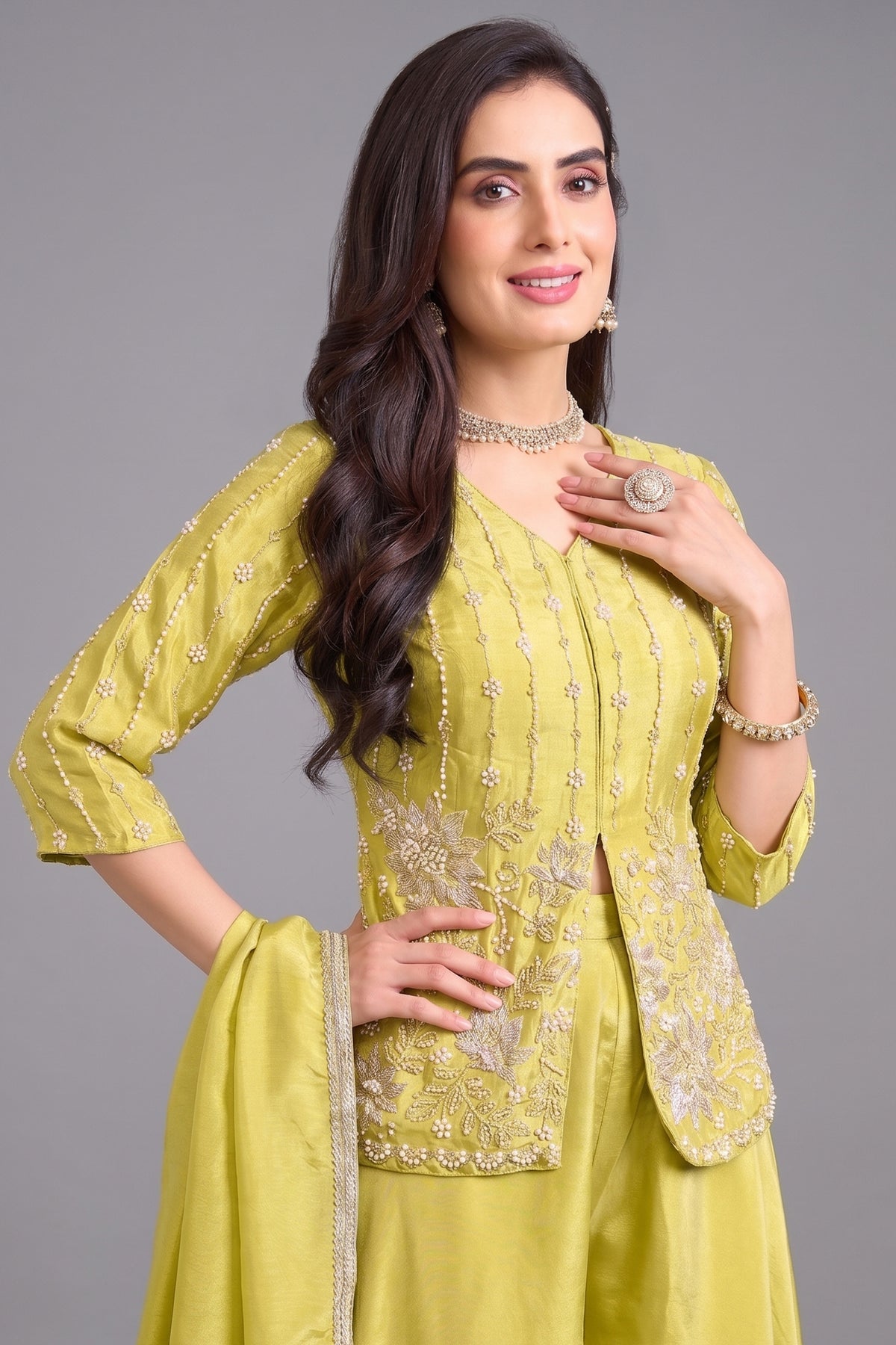 Lime Mustard Yellow Chinon Silk Palazzo Suit with Intricate Cutdana and Sequin Work