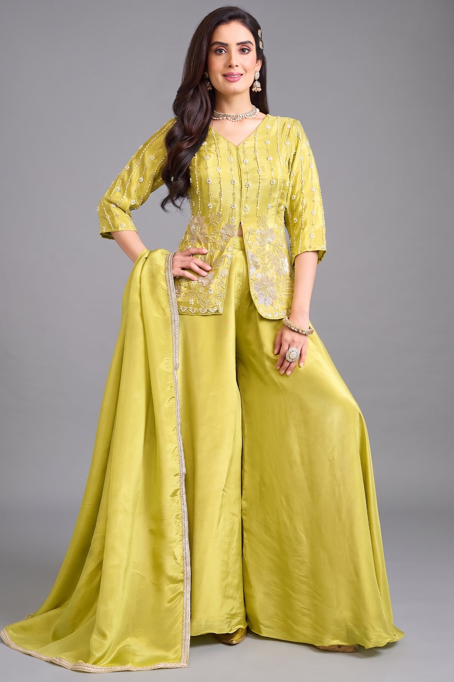 Lime Mustard Yellow Chinon Silk Palazzo Suit with Intricate Cutdana and Sequin Work Main image