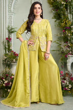 Lime Mustard Yellow Chinon Silk Palazzo Suit with Intricate Cutdana and Sequin Work