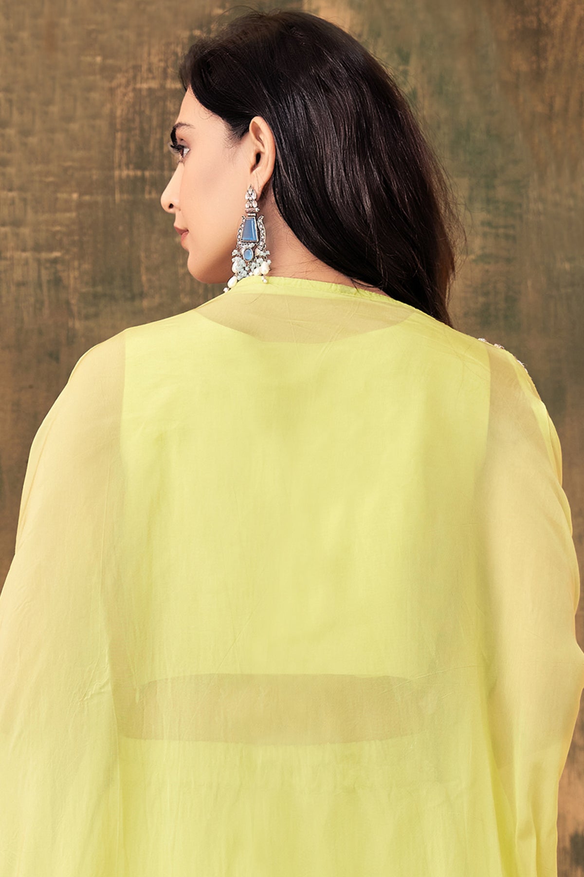 Yellow Georgette Cutdana Sequin  Worked Crop Top with Draped Skirt and Jacket