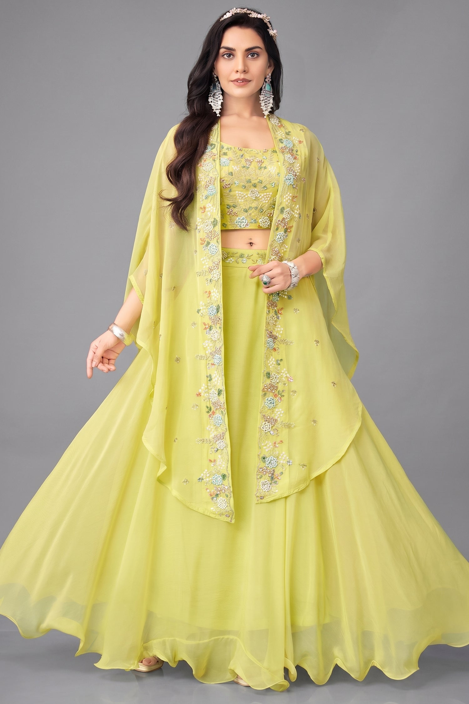 Yellow Georgette Cutdana Sequin  Worked Crop Top with Draped Skirt and Jacket Main image