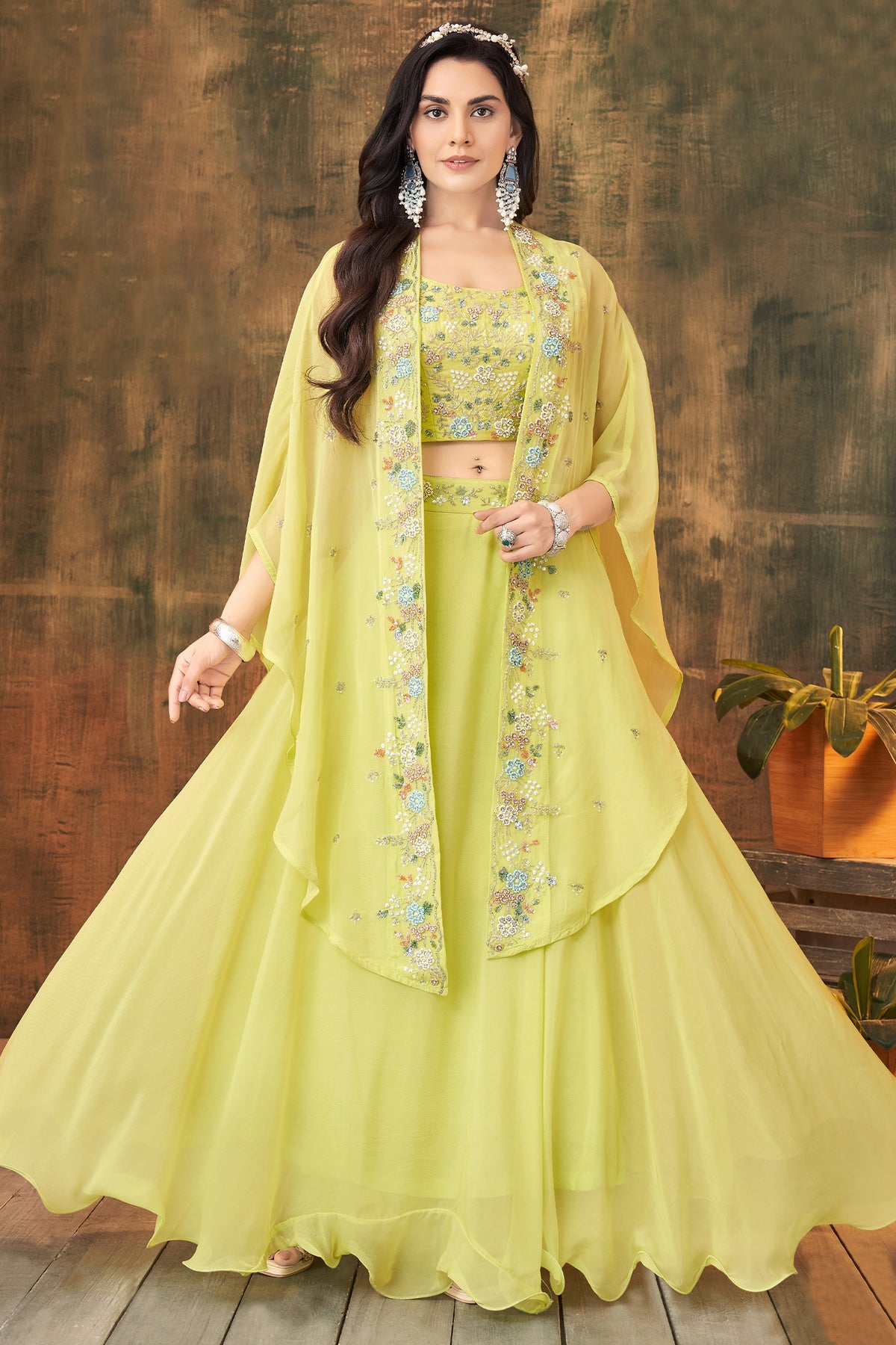 Yellow Georgette Cutdana Sequin  Worked Crop Top with Draped Skirt and Jacket