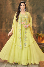 Yellow Georgette Cutdana Sequin  Worked Crop Top with Draped Skirt and Jacket