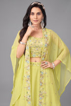 Yellow Georgette Cutdana Sequin  Worked Crop Top with Draped Skirt and Jacket