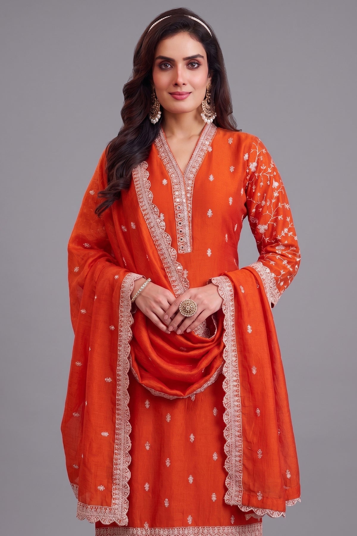Burnt Tangerine Orange Art Silk Straight Cut Salwar Suit with Delicate Floral Embroidery
