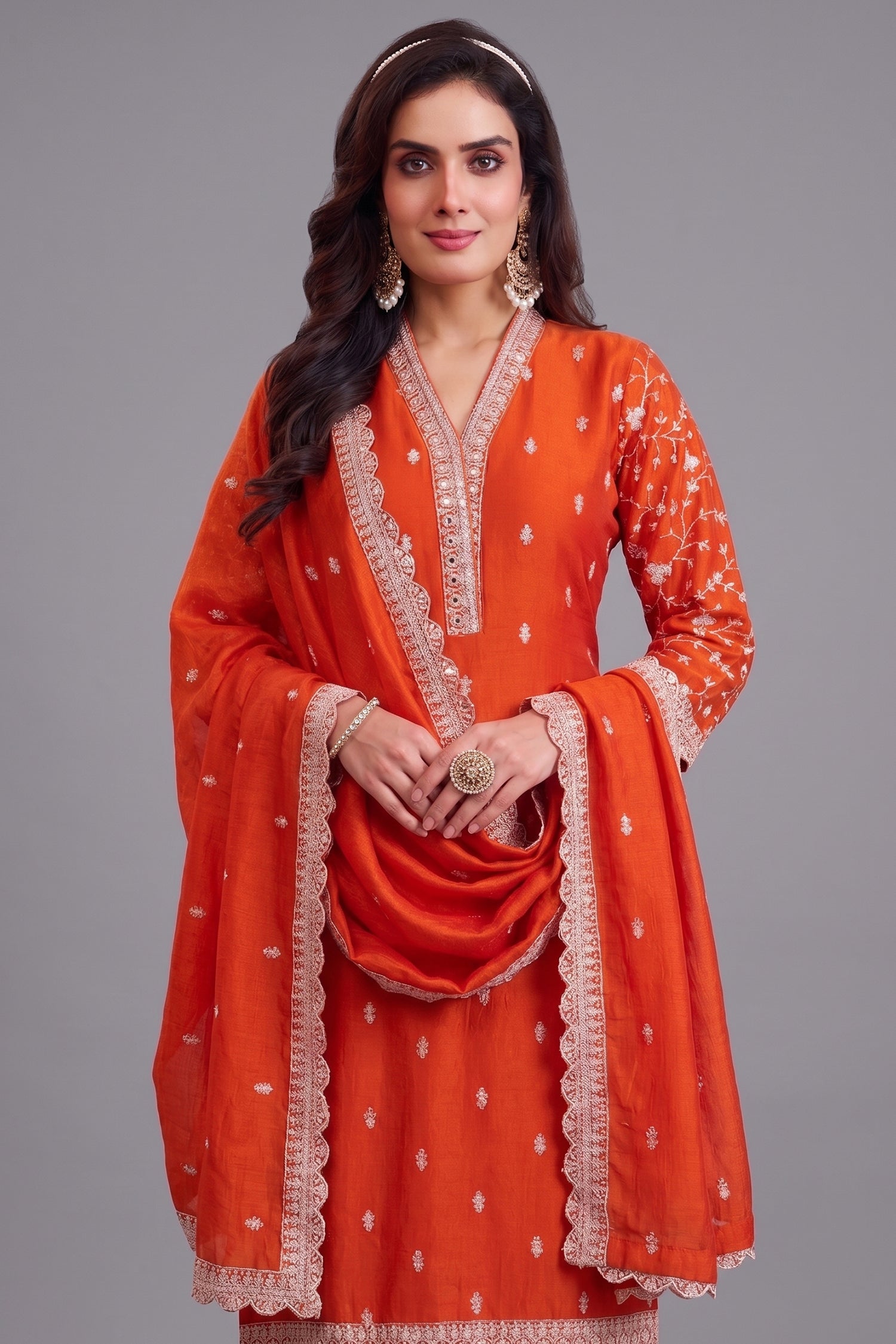 Burnt Tangerine Orange Art Silk Straight Cut Salwar Suit with Delicate Floral Embroidery
