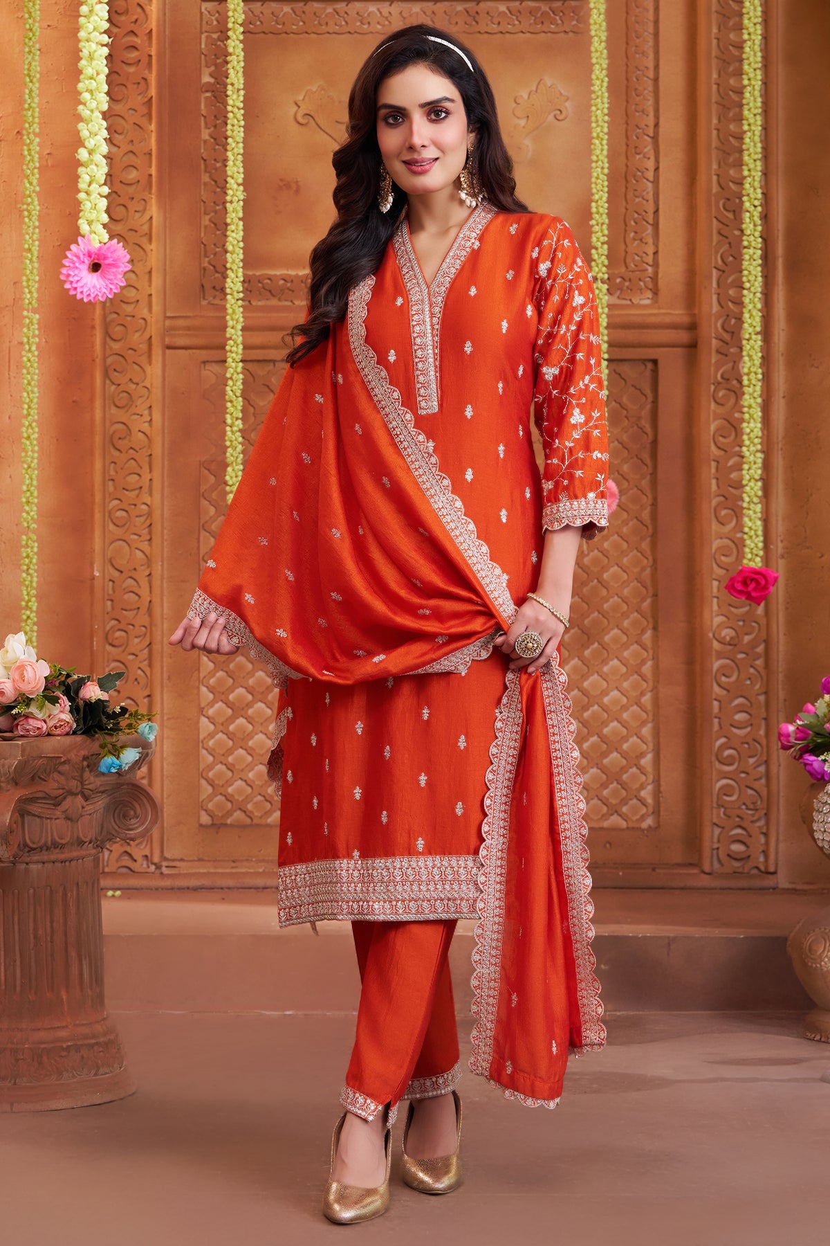 Burnt Tangerine Orange Art Silk Straight Cut Salwar Suit with Delicate Floral Embroidery