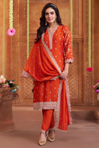 Burnt Tangerine Orange Art Silk Straight Cut Salwar Suit with Delicate Floral Embroidery