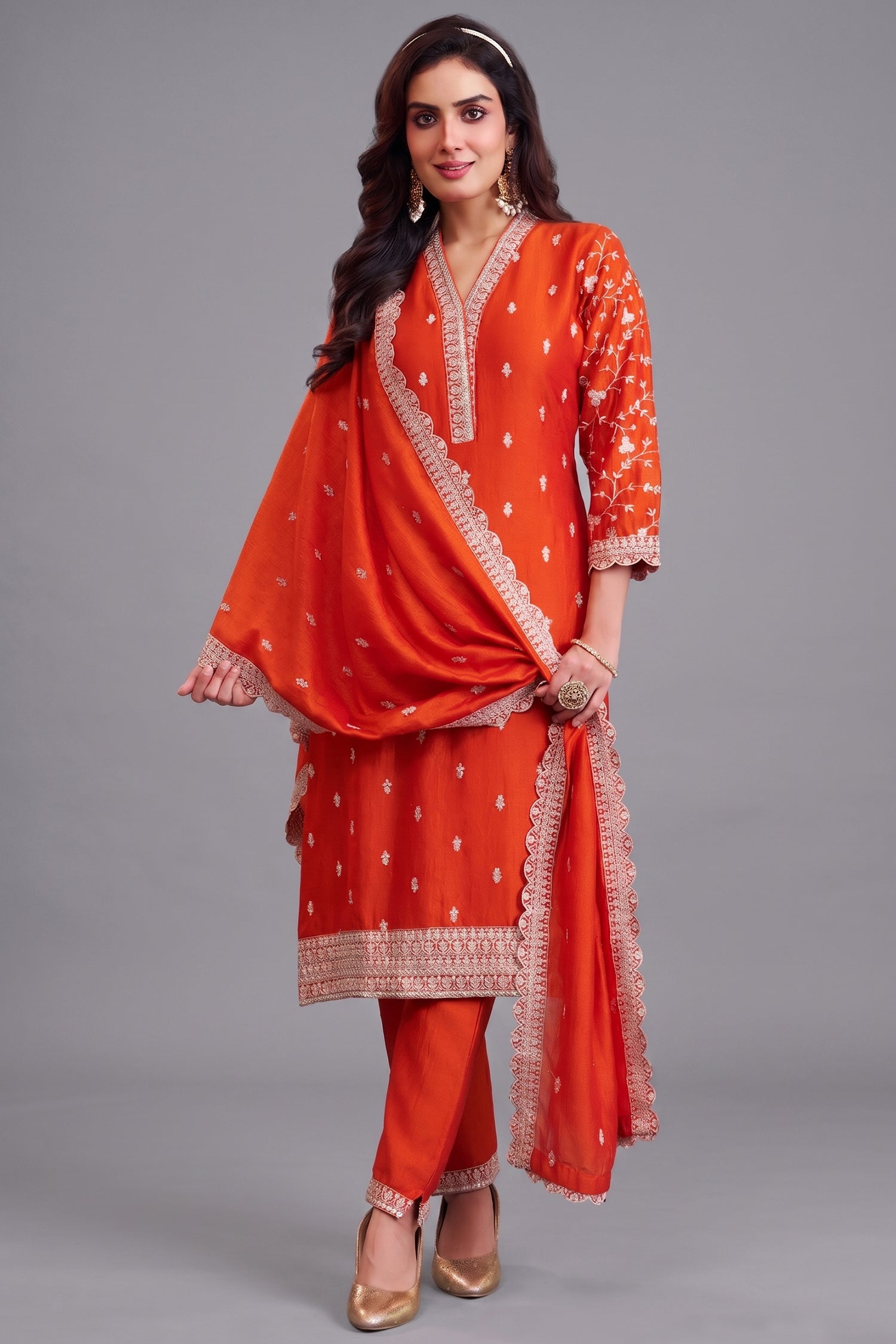 Burnt Tangerine Orange Art Silk Straight Cut Salwar Suit with Delicate Floral Embroidery Main image