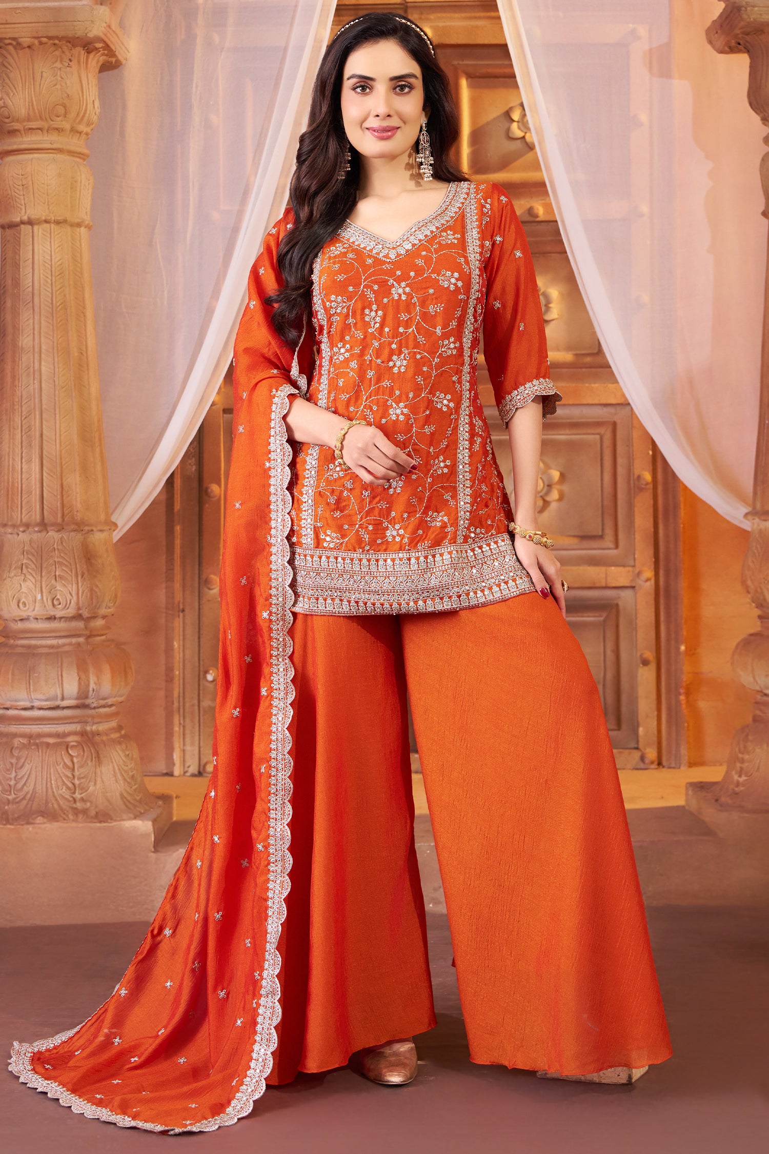 Orange Art Silk Palazzo Suit with Intricate Applique and Floral Thread Work Main image