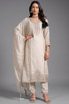 Opulent Creamy Ivory Art Silk Straight Cut Salwar Suit with Applique and Embroidery Work