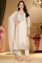 Opulent Creamy Ivory Art Silk Straight Cut Salwar Suit with Applique and Embroidery Work