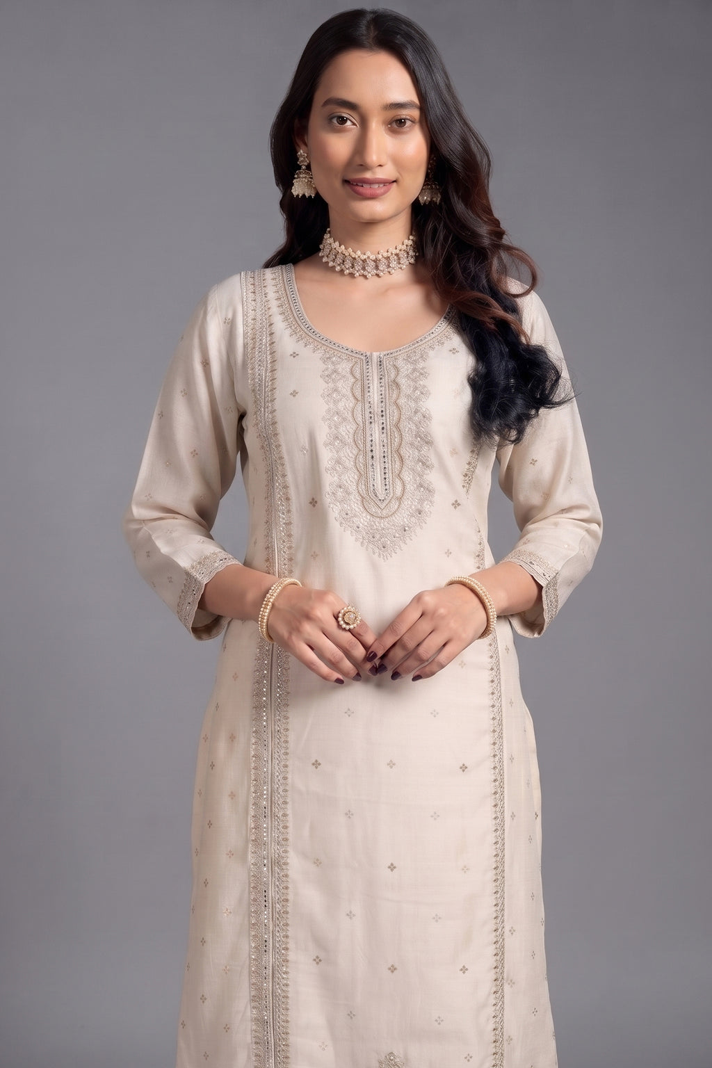 Opulent Creamy Ivory Art Silk Straight Cut Salwar Suit with Applique and Embroidery Work