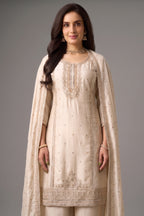 Alabaster Cream Art Silk Palazzo Suit Set with Traditional Applique and Embroidery Work