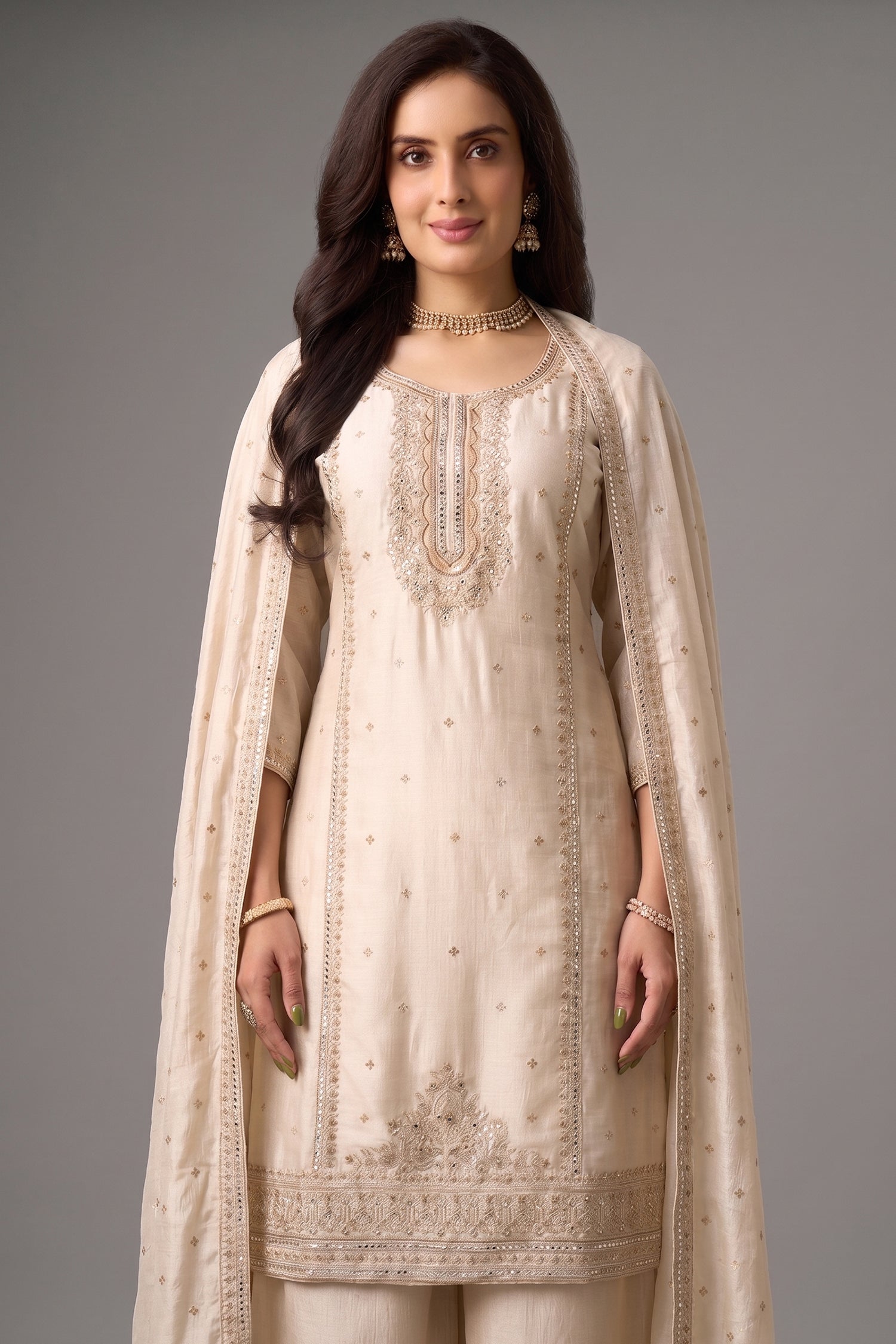 Alabaster Cream Art Silk Palazzo Suit Set with Traditional Applique and Embroidery Work