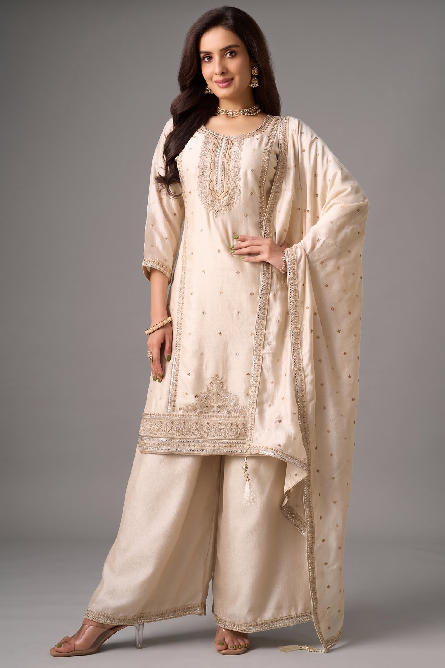 Alabaster Cream Art Silk Palazzo Suit Set with Traditional Applique and Embroidery Work Main image