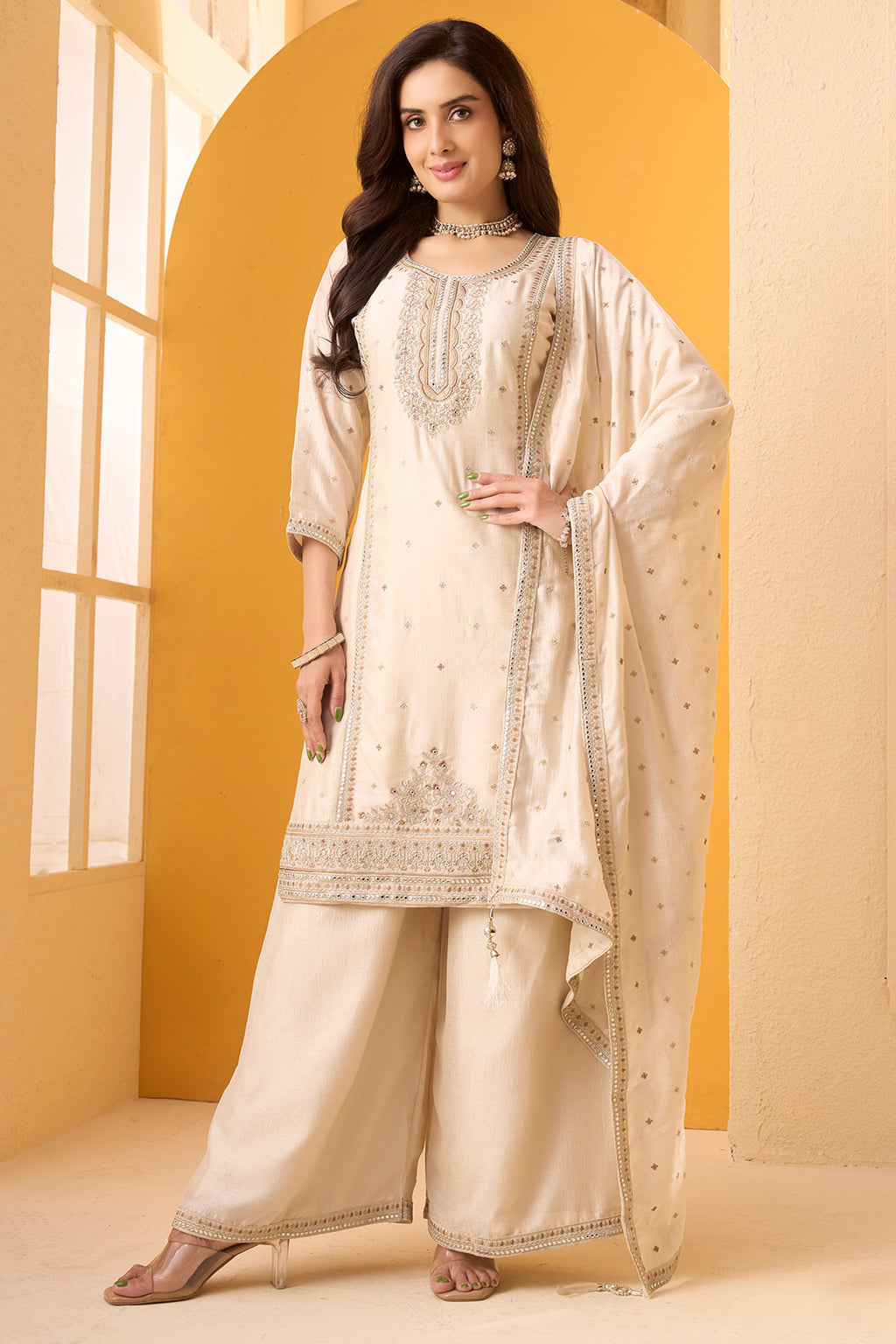 Alabaster Cream Art Silk Palazzo Suit Set with Traditional Applique and Embroidery Work