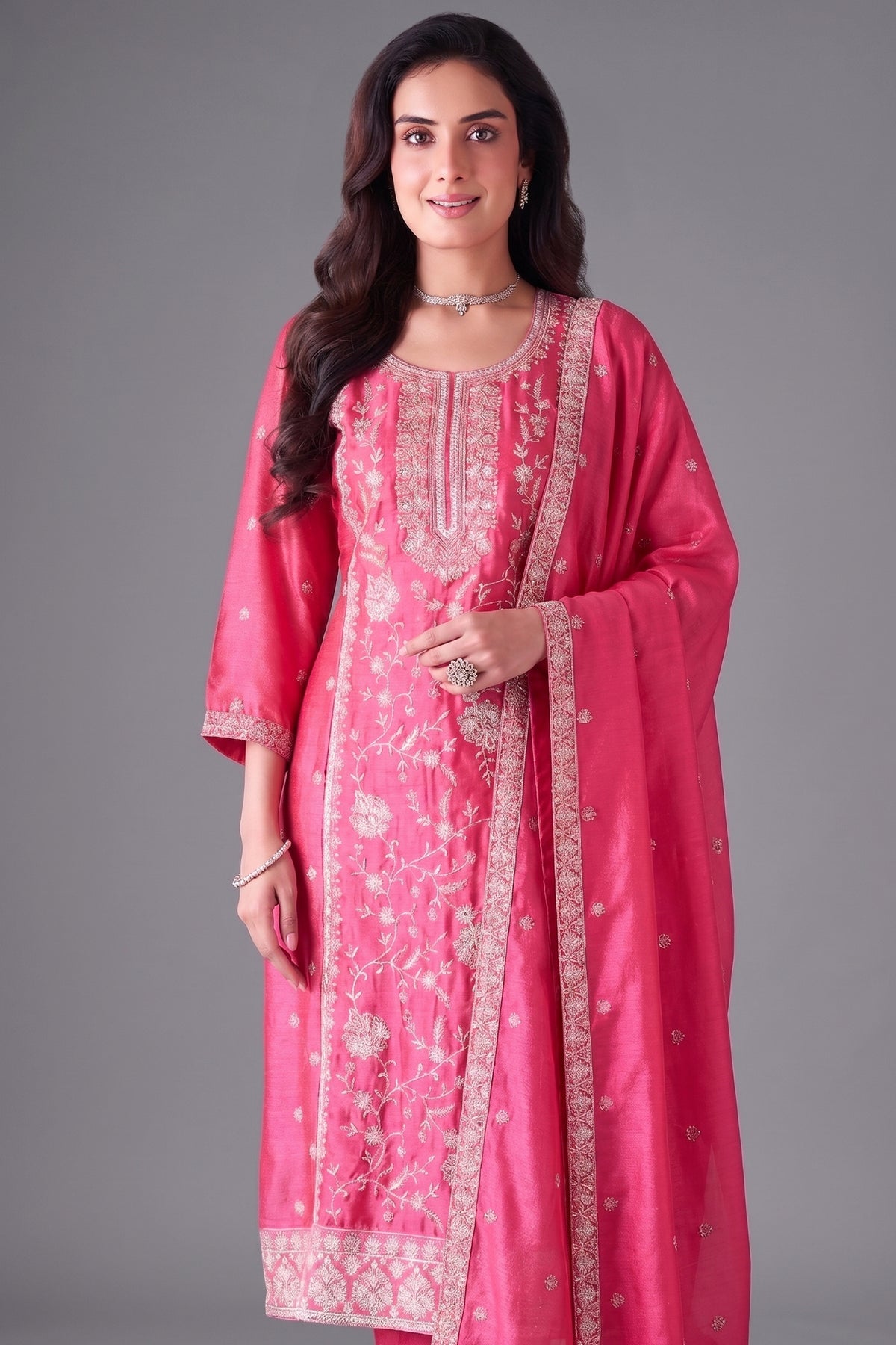Pink Art Silk Embroidered Straight Cut Suit