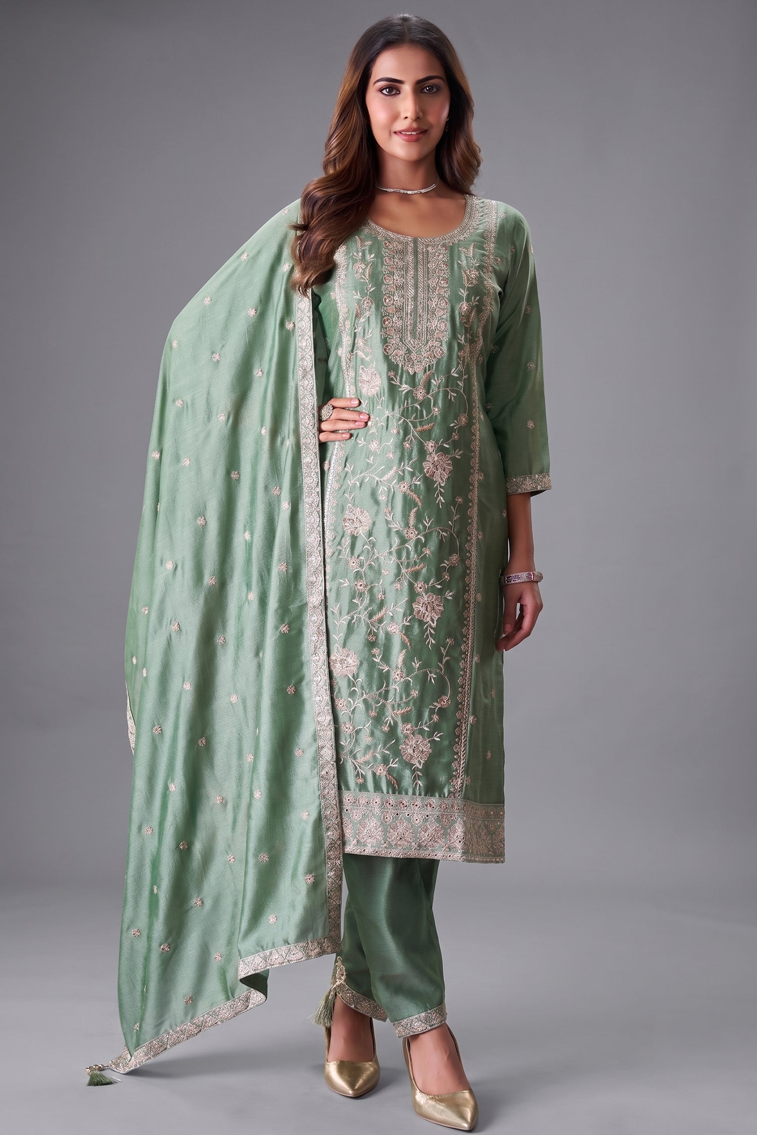 Sage Green Art Silk Embroidered Straight Cut Suit Main image